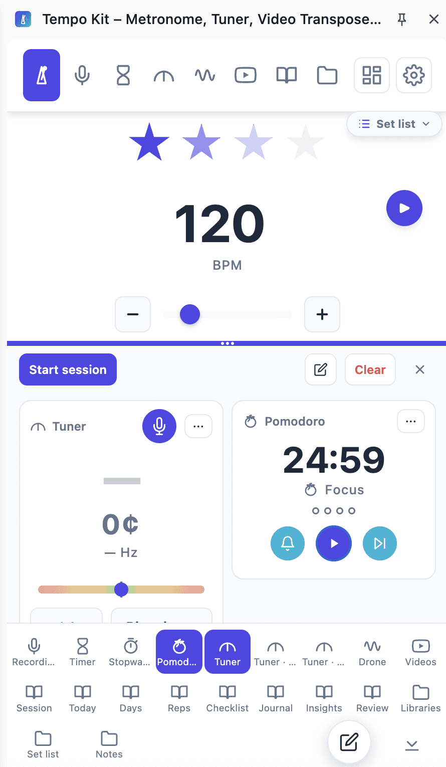 Tempo Kit Dashboard with tuner and Pomodoro widgets, plus the mini controls for both tools