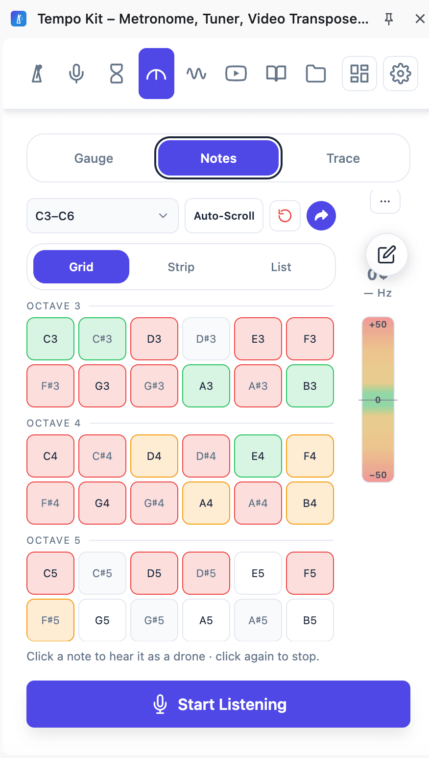 Tempo Kit tuner Notes view with pitch results across octaves
