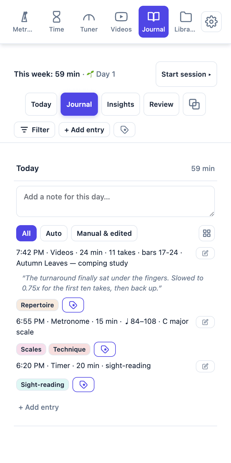 Tempo Kit practice journal, auto-logged