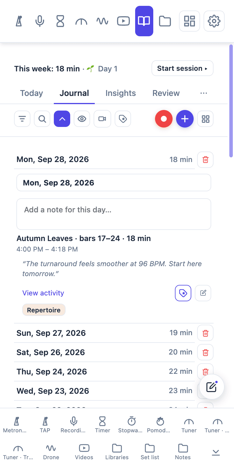 Tempo Kit Journal view with session history, dates, notes, and tags