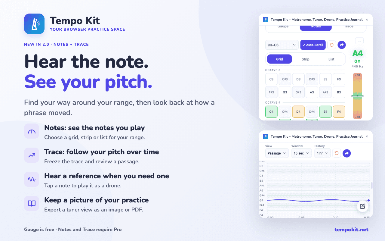 Tempo Kit tuner Notes grid and Trace pitch graph shown side by side
