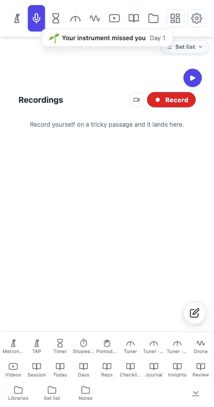 Tempo Kit Recordings panel with camera and Record controls and saved practice takes