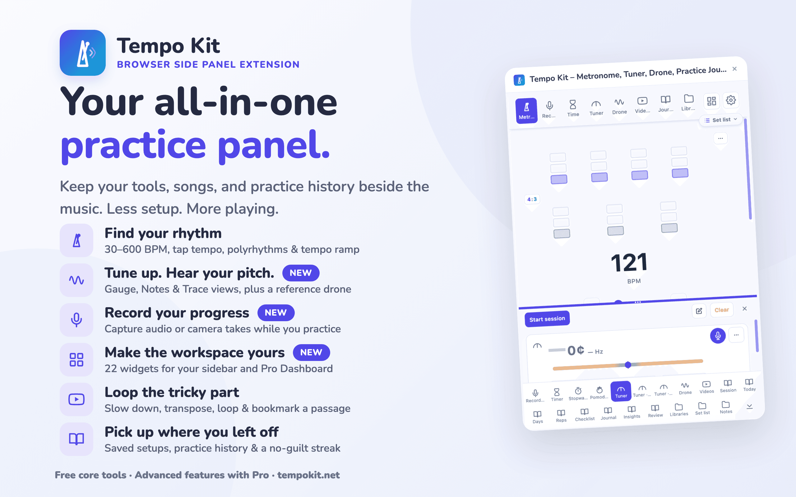 Tempo Kit overview showing its metronome, tuner, recordings, customizable workspace, video practice, and journal tools