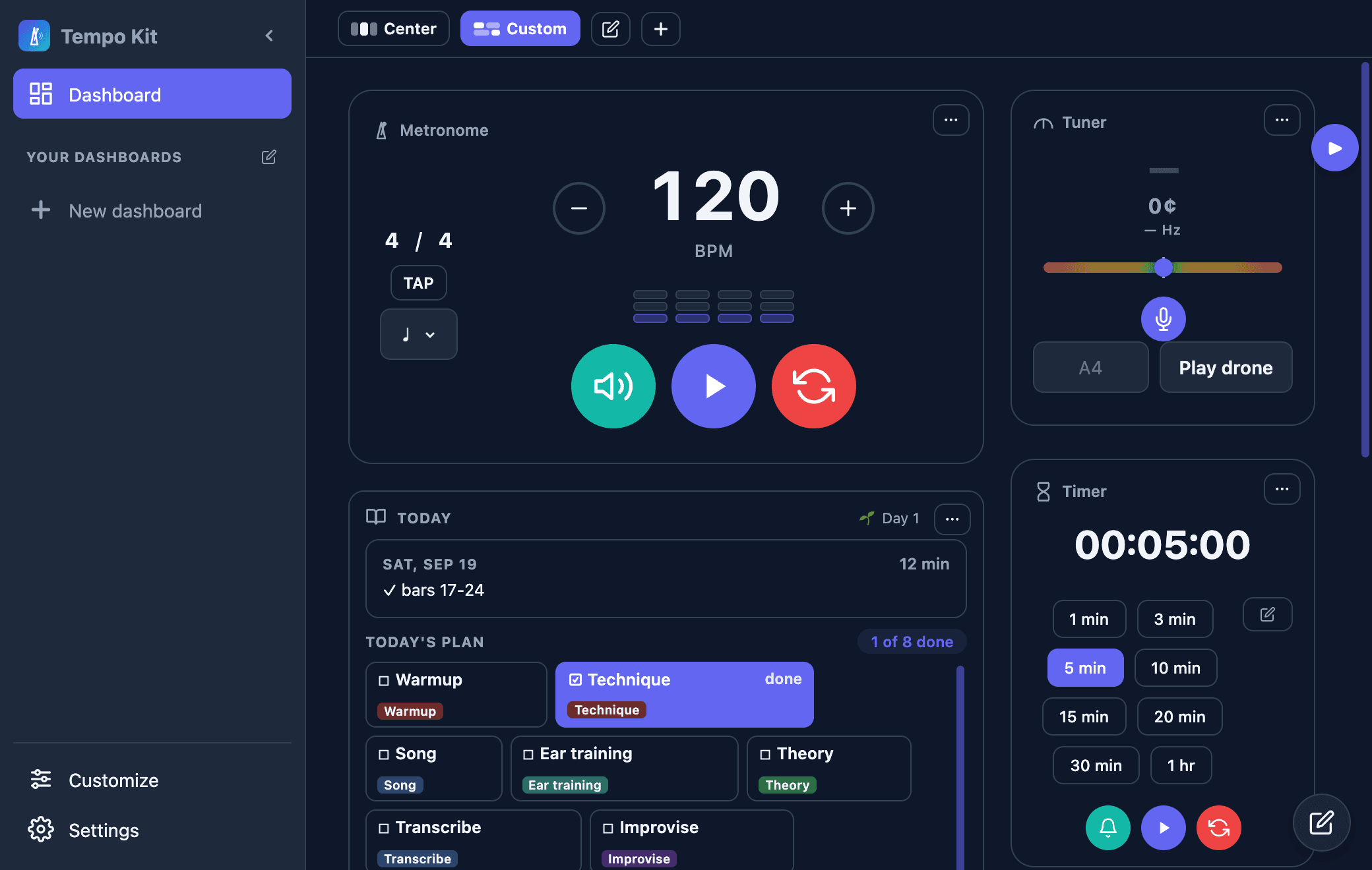 Tempo Kit Dashboard with metronome, tuner, Today plan, timer, drone, and checklist widgets